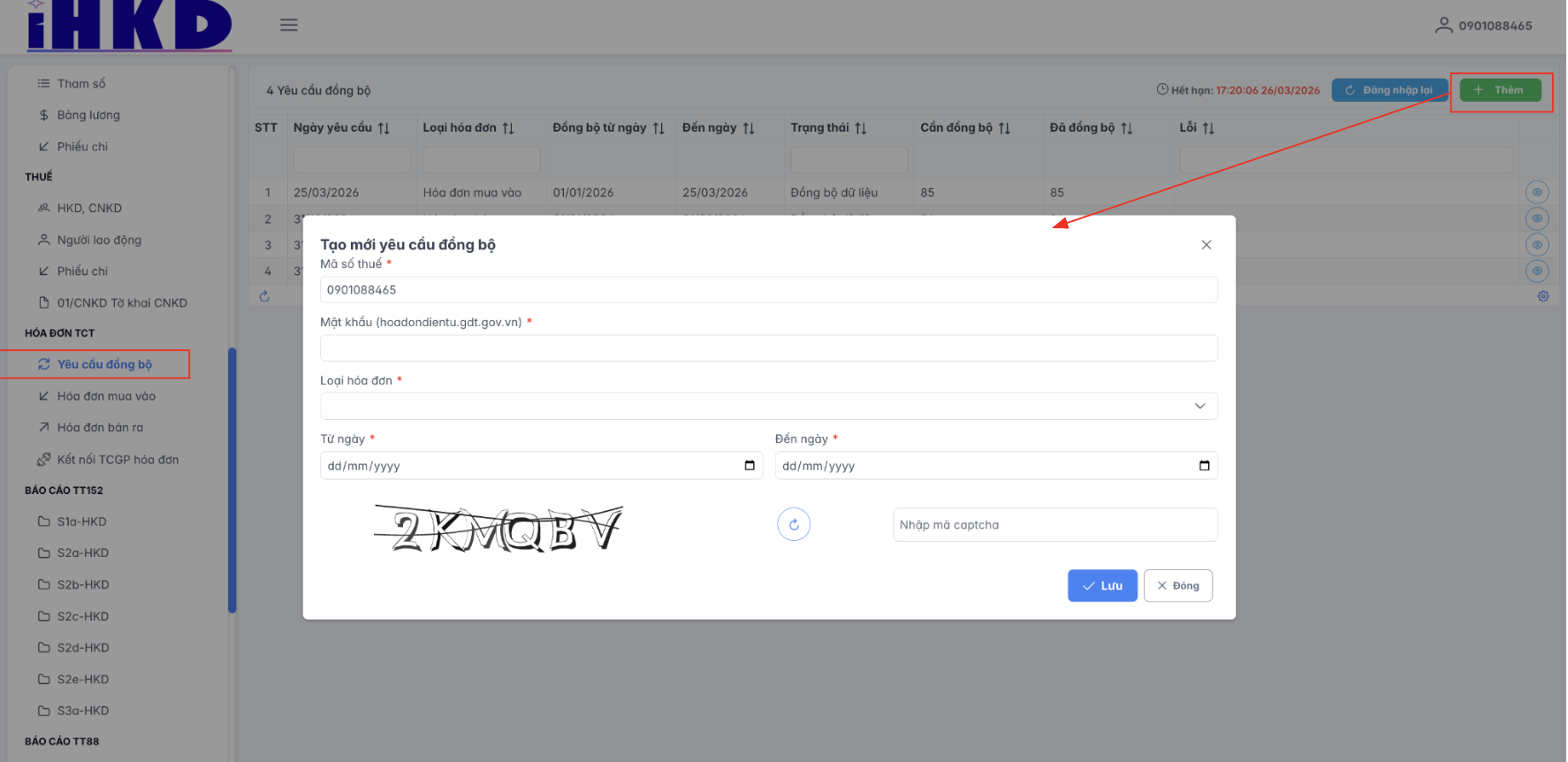Màn hình thao tác tạo mới yêu cầu đồng bộ