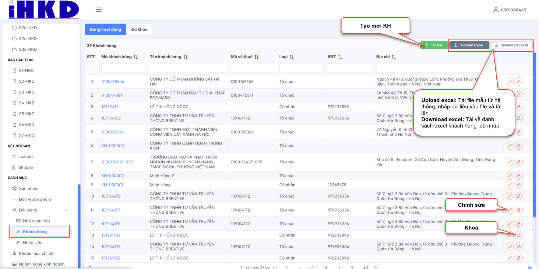 Màn hình danh sách khách hàng