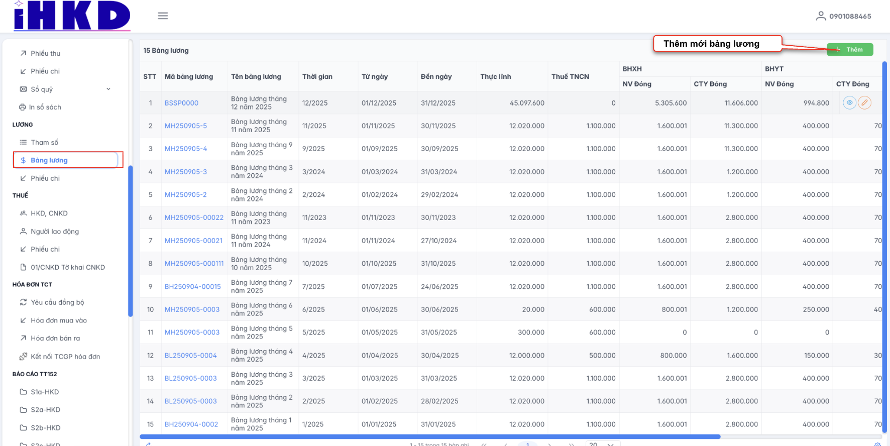 Màn hình danh sách bảng lương