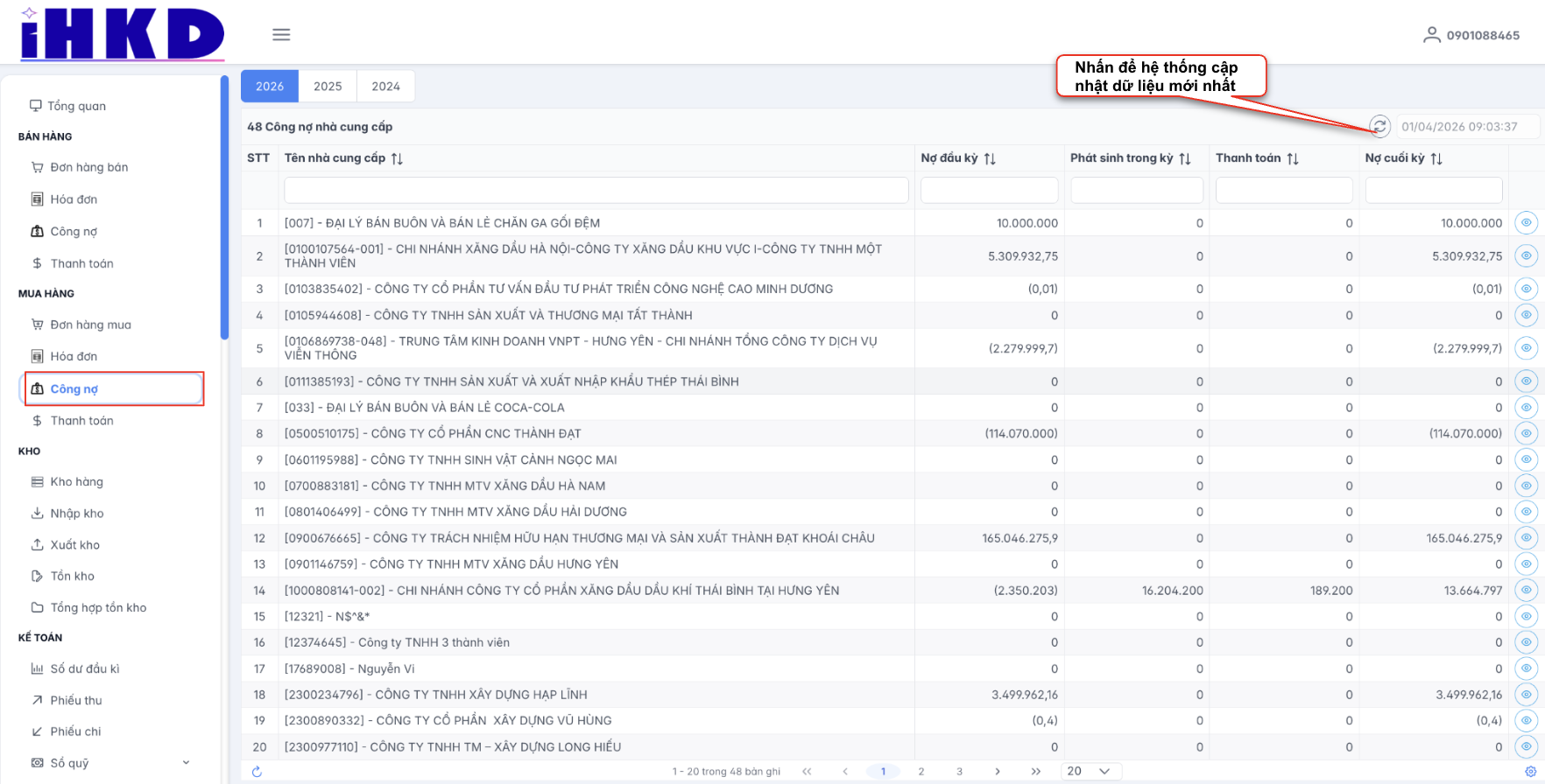 Màn hình danh sách công nợ nhà cung cấp