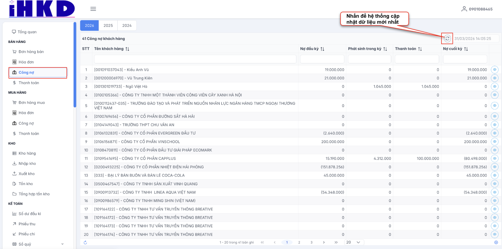 Màn hình danh sách công nợ