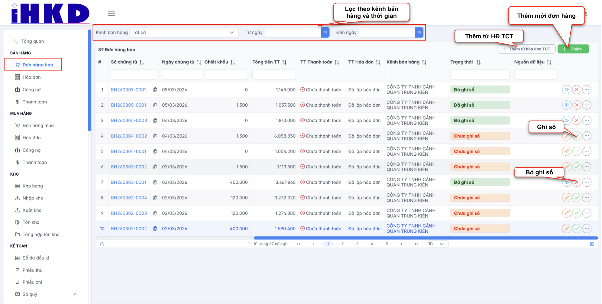 Màn hình danh sách đơn hàng bán