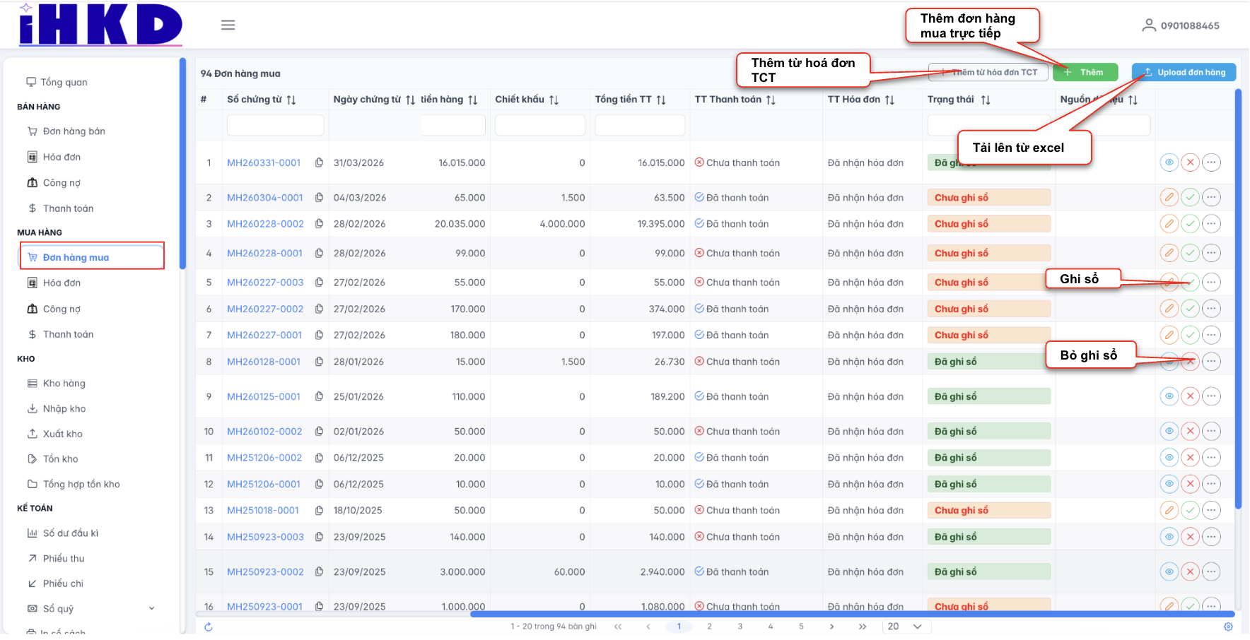 Màn hình danh sách đơn hàng mua