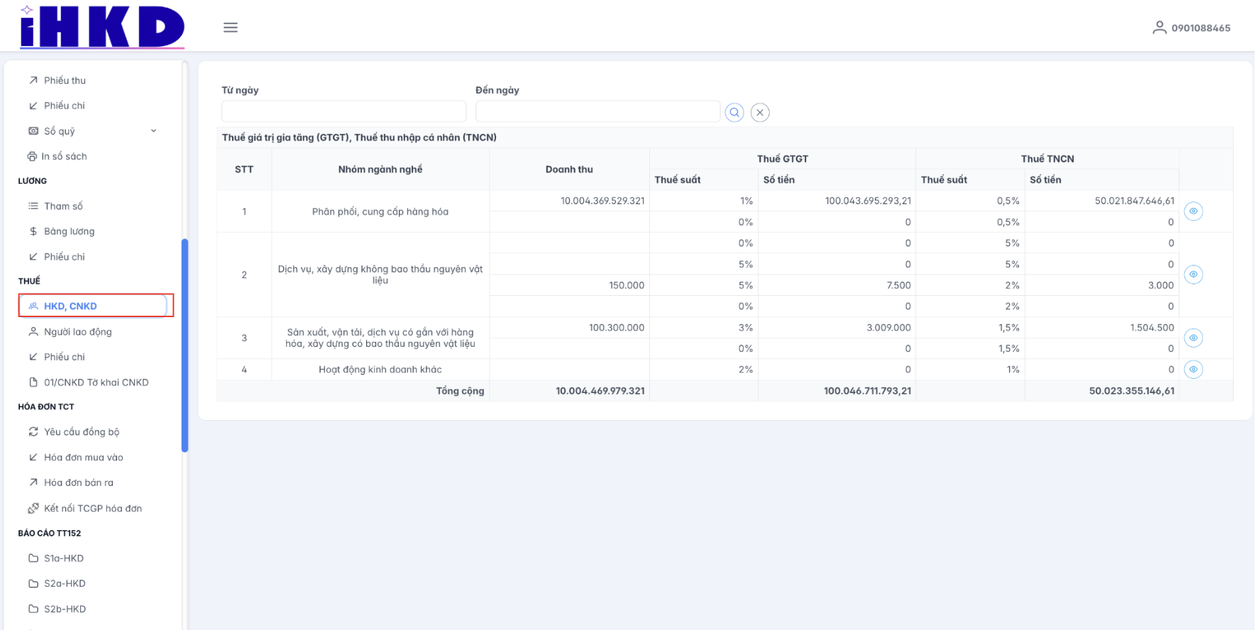 Màn hình danh sách HKD, CNKD