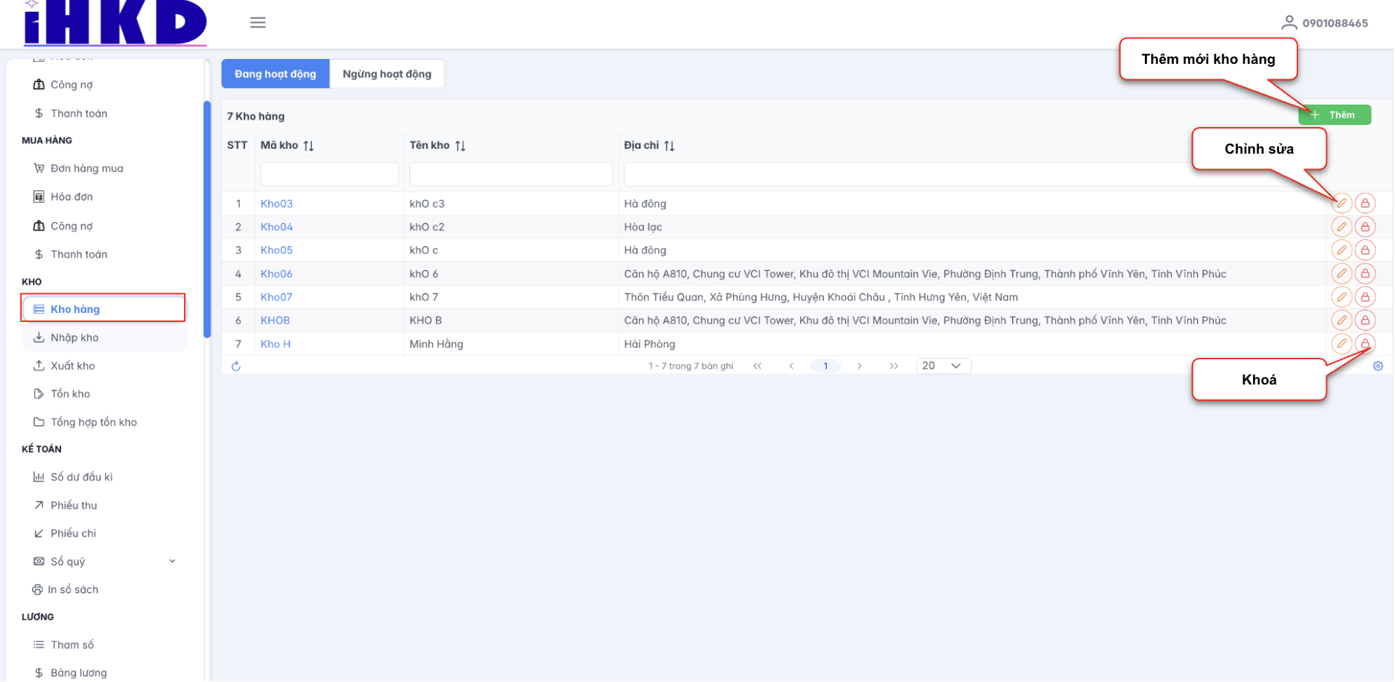 Màn hình danh sách kho hàng