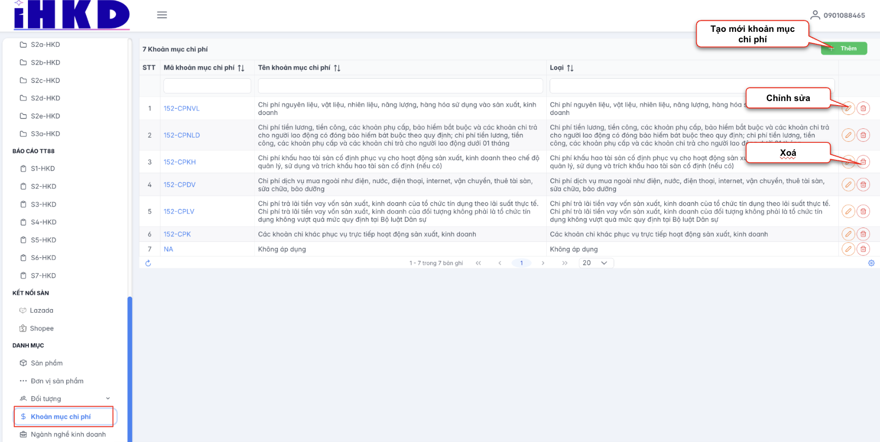 Màn hình danh sách khoản mục chi phí