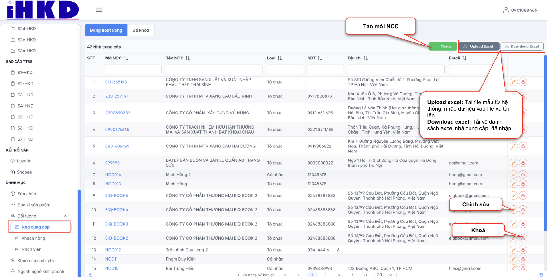 Màn hình danh sách nhà cung cấp