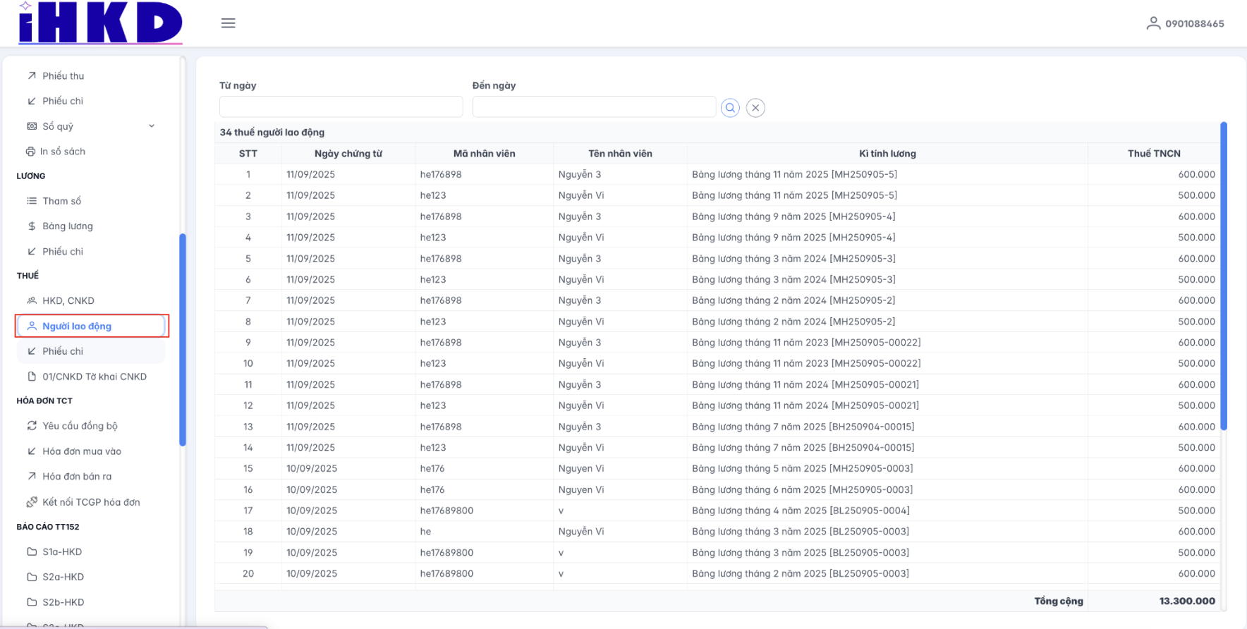 Màn hình danh sách người lao động