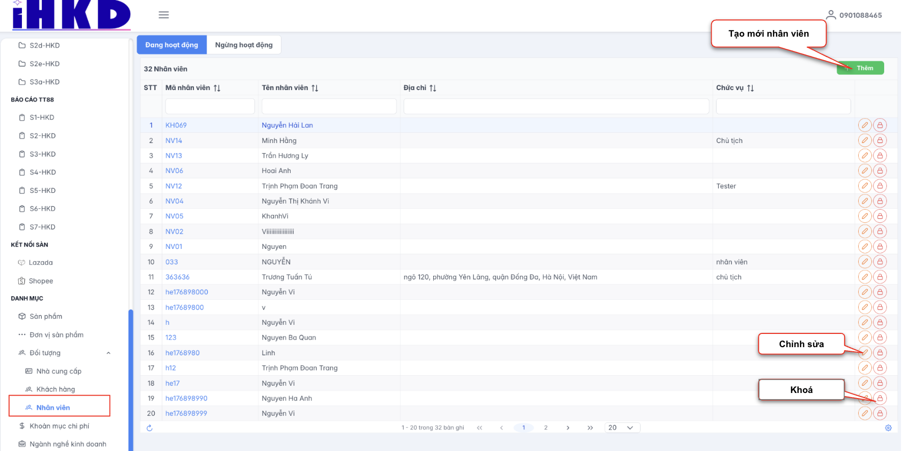 Màn hình danh sách nhân viên