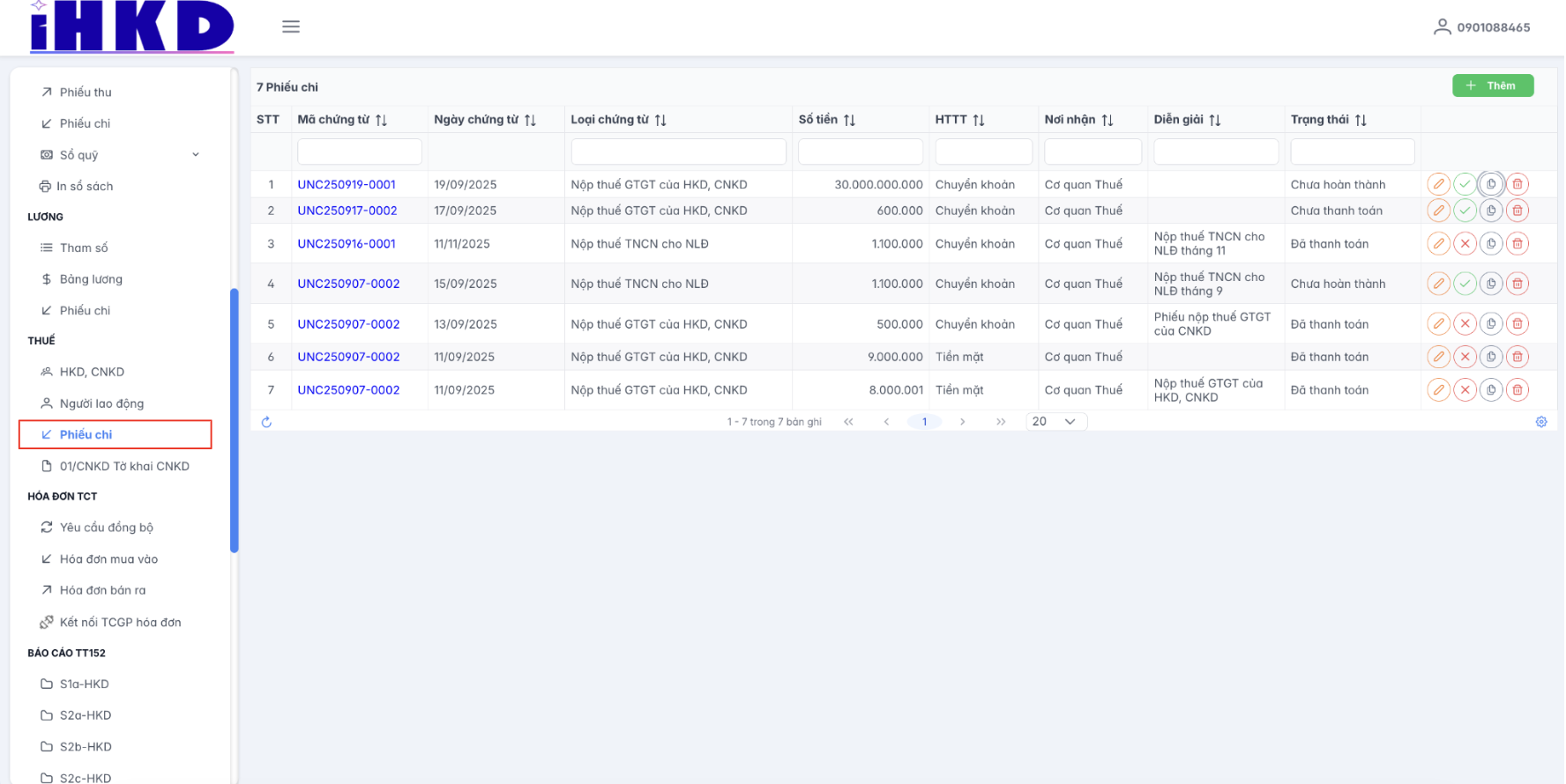 Màn hình danh sách phiếu chi - thuế