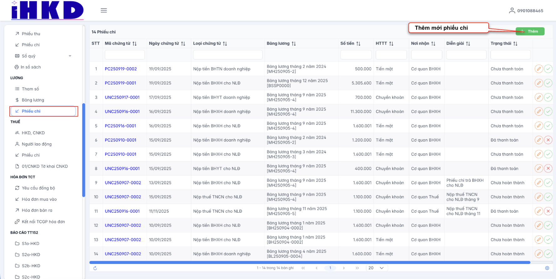 Màn hình danh sách phiếu chi - lương