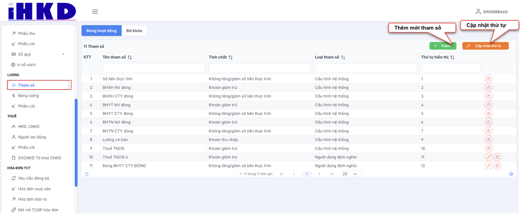 Màn hình danh sách tham số