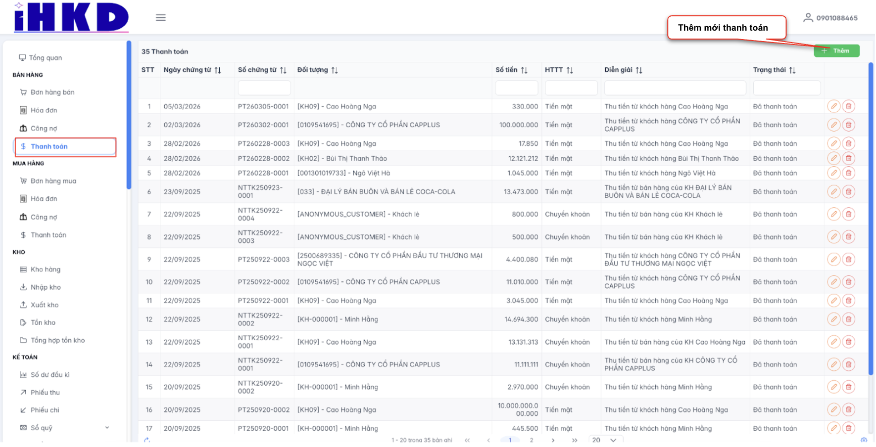 Màn hình danh sách thanh toán khách hàng