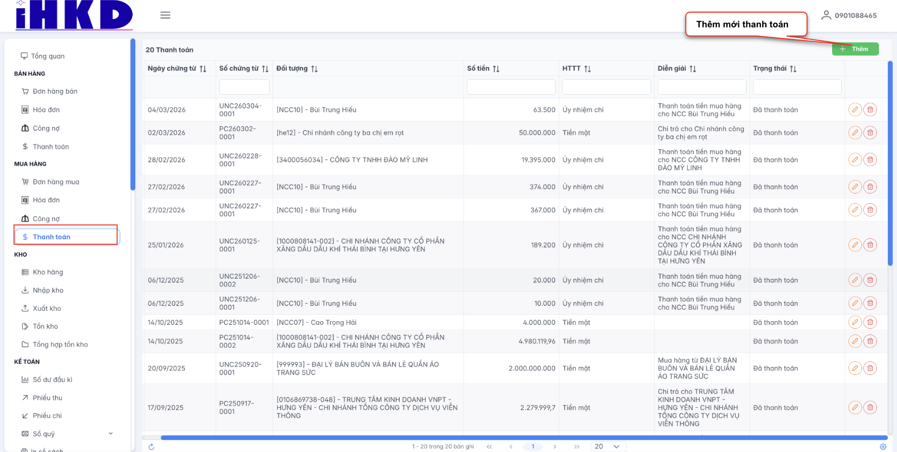 Màn hình danh sách thanh toán nhà cung cấp