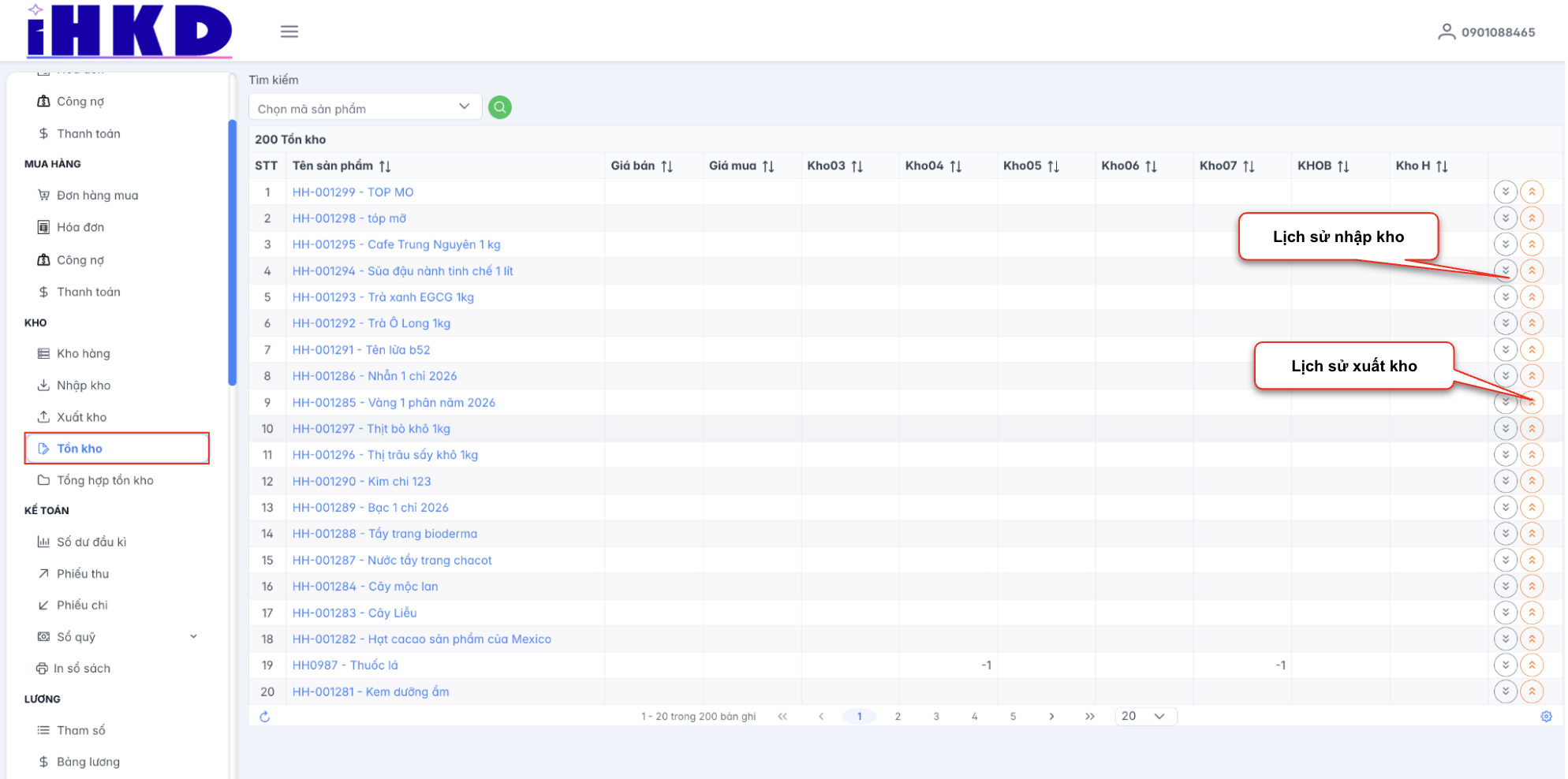 Màn hình danh sách tồn kho