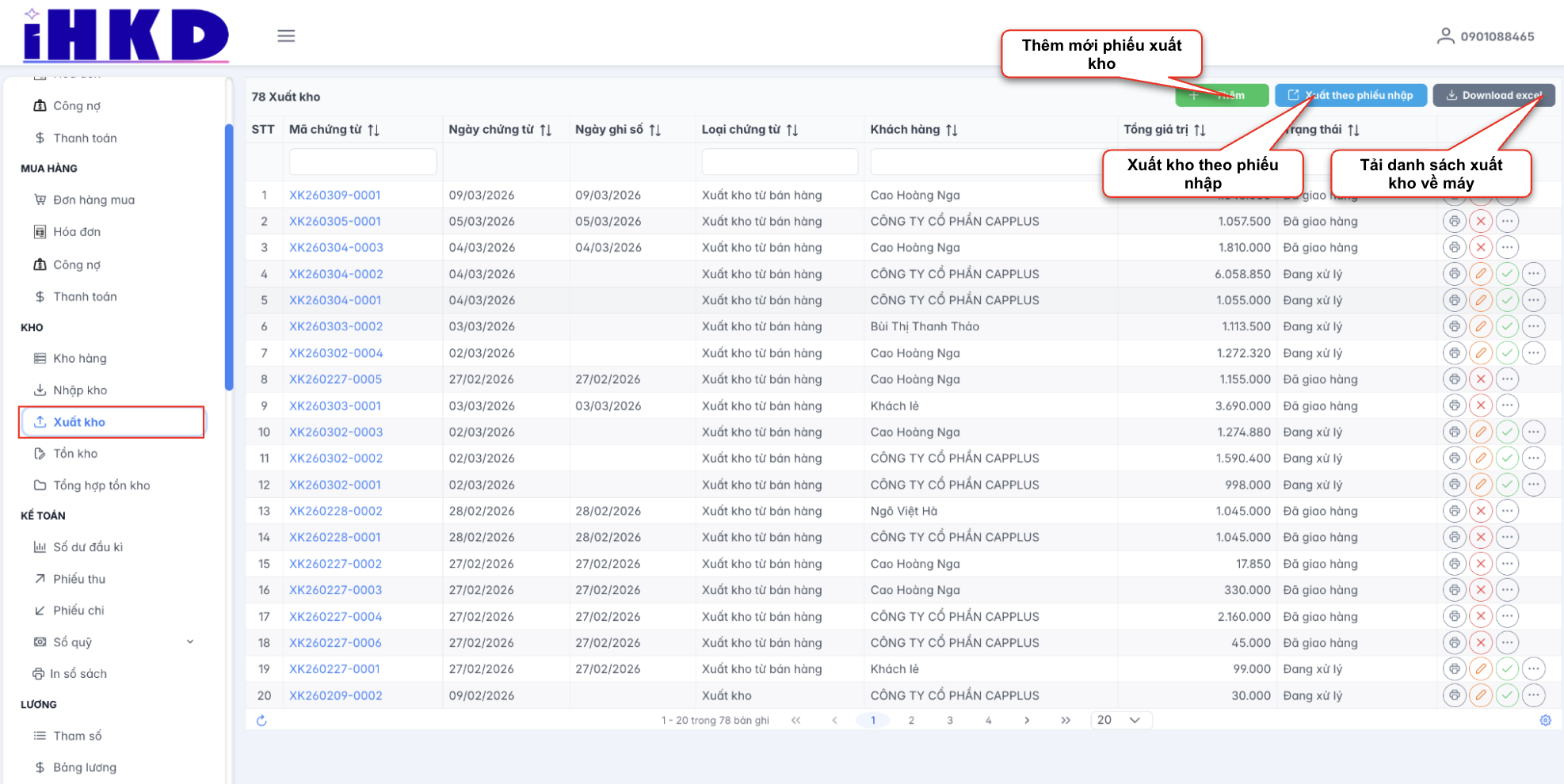 Màn hình danh sách xuất kho
