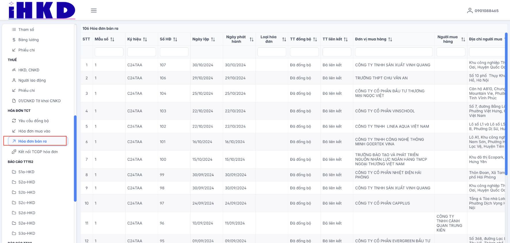 Màn hình danh sách hoá đơn bán ra