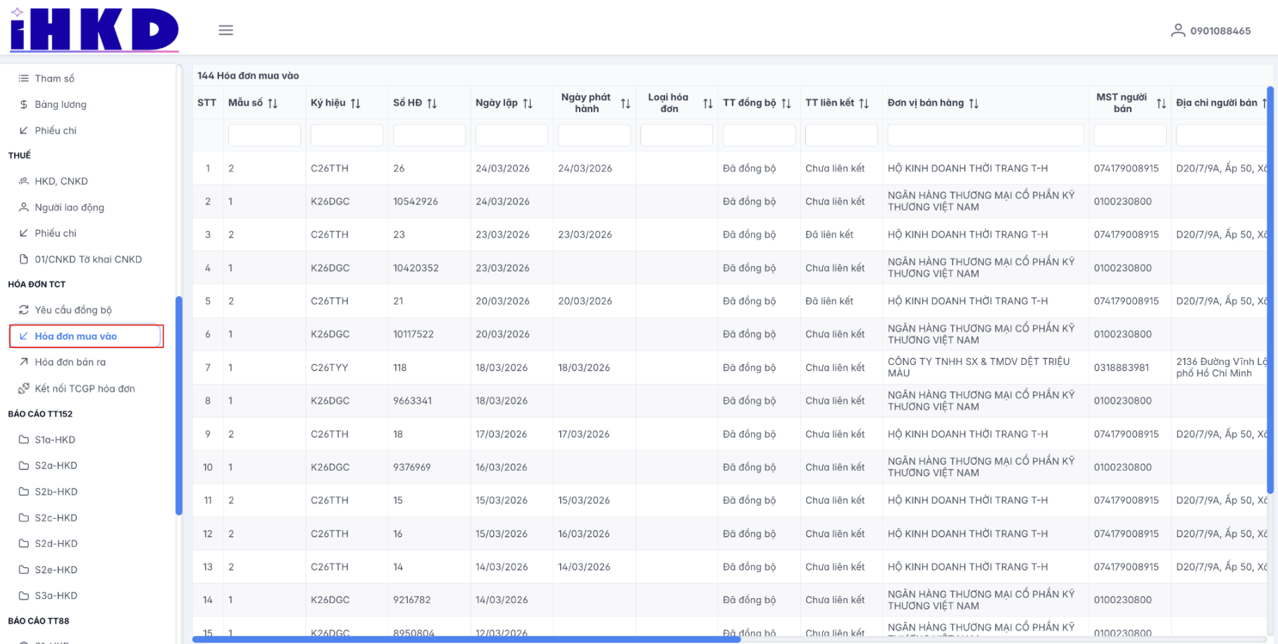 Màn hình danh sách hoá đơn mua vào