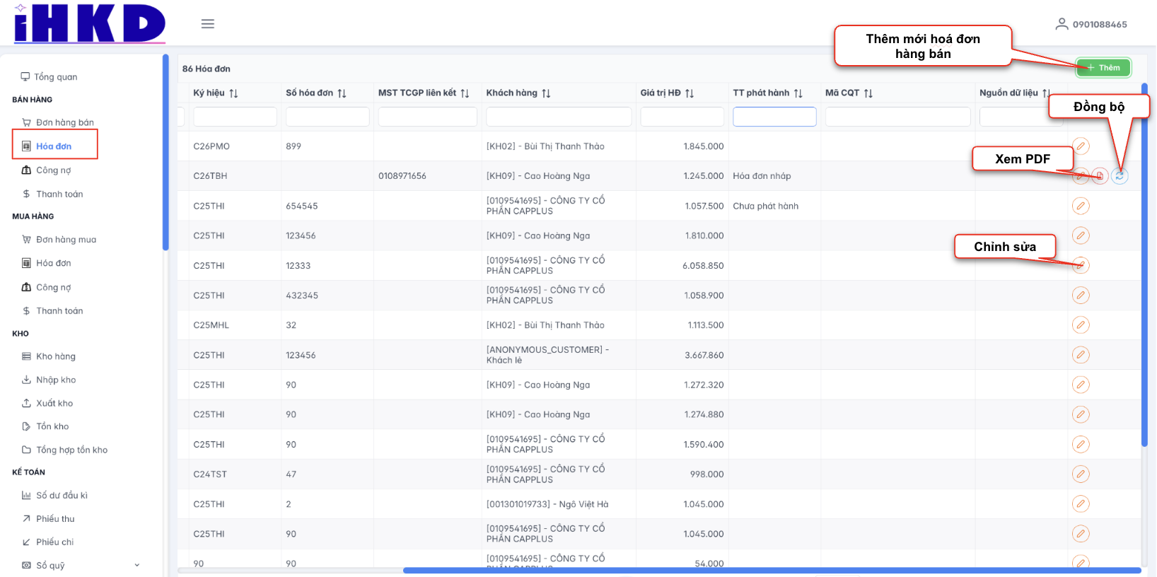 Màn hình danh sách hoá đơn