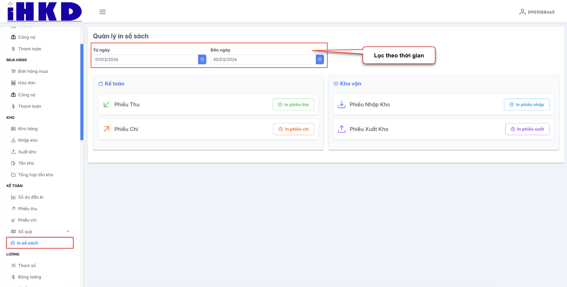 Màn hình in sổ sách