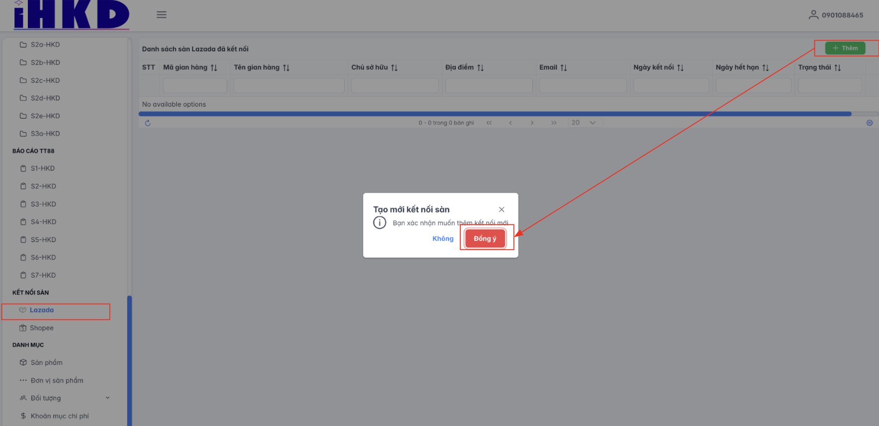 Màn hình thao tác kết nối sàn Lazada 