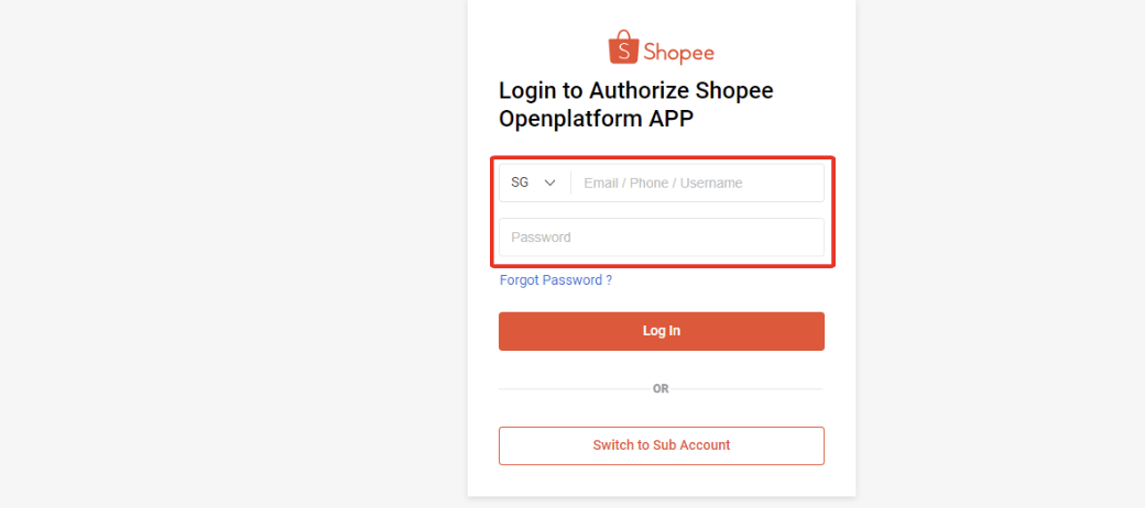 Màn hình thao tác đăng nhập kết nối sàn Shopee 