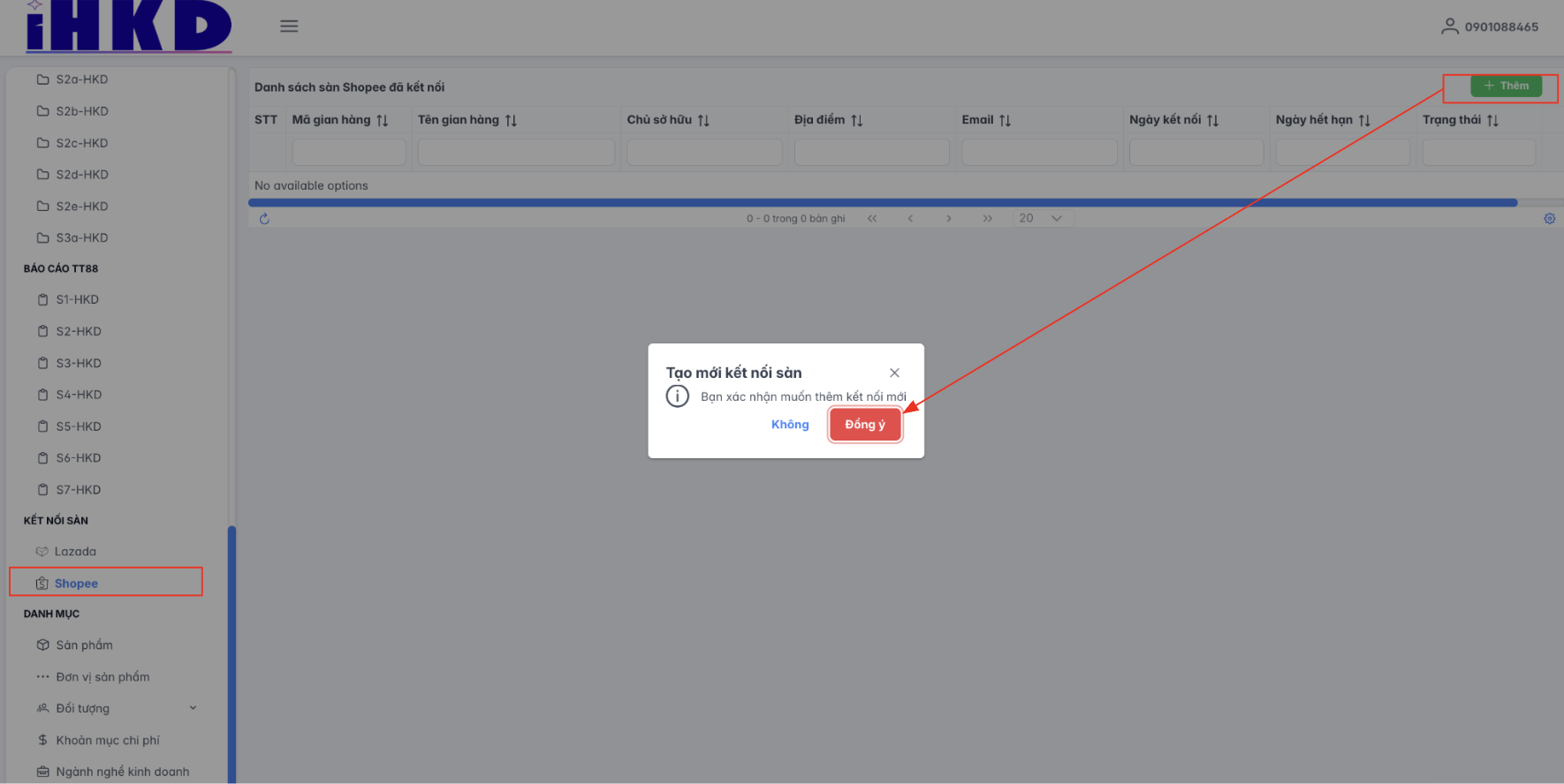 Màn hình thao tác kết nối sàn Shopee 