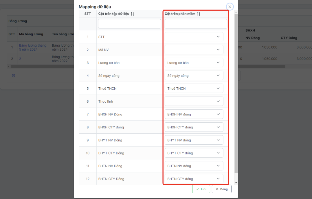 Màn hình thao tác mapping dữ liệu