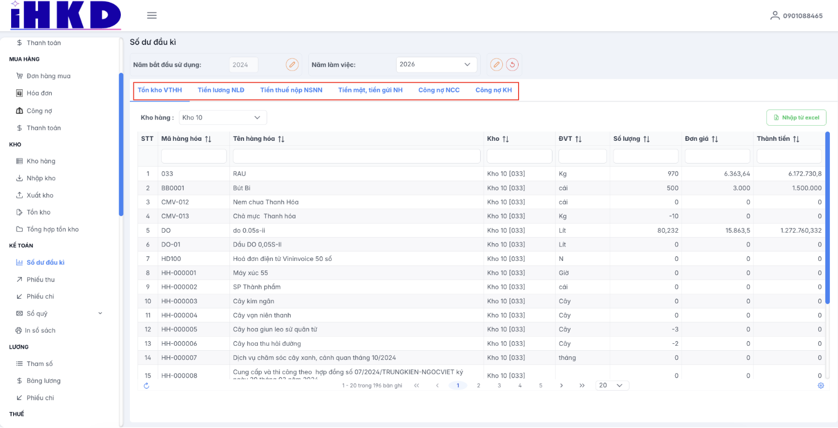 Màn hình các mục số dư