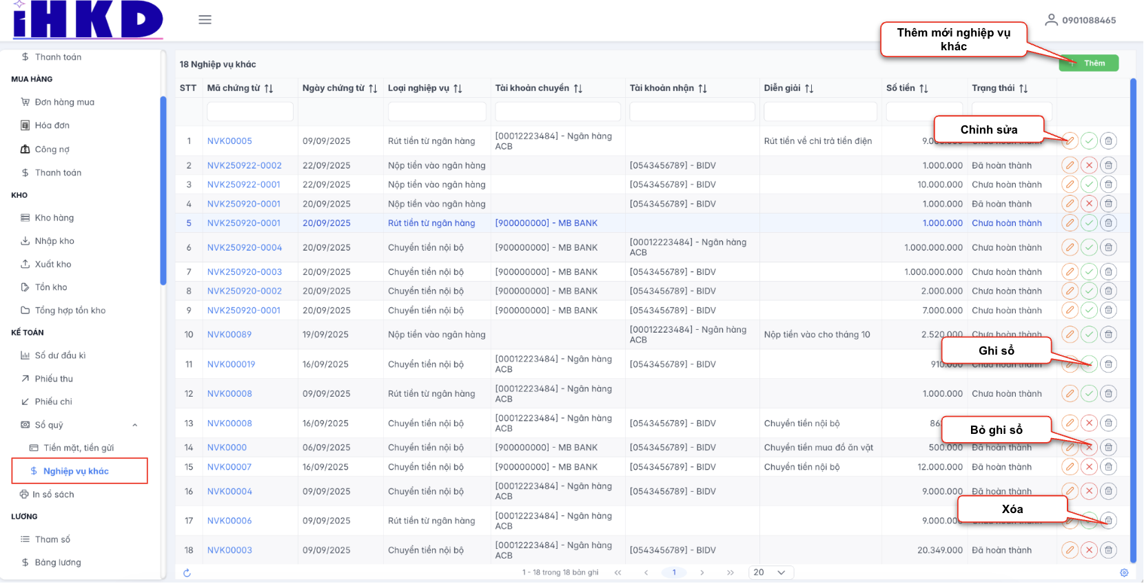 Màn hình danh sách nghiệp vụ khác