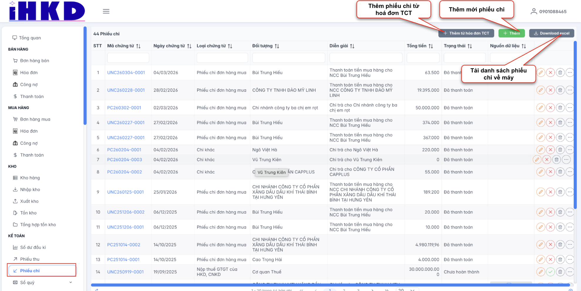 Màn hình danh sách phiếu chi
