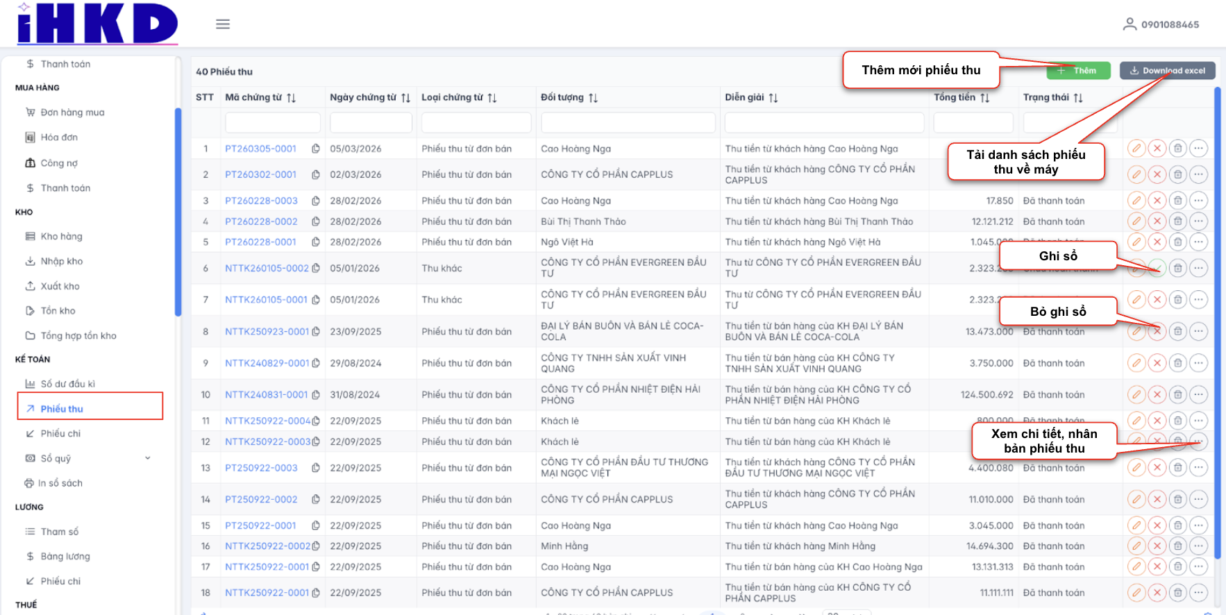 Màn hình danh sách phiếu thu - kế toán