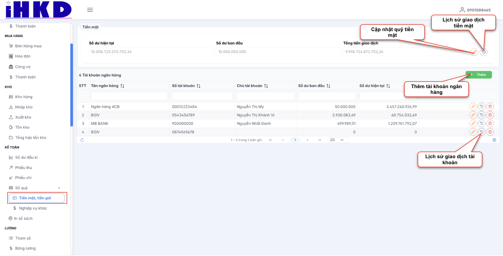 Màn hình tiền mặt, tiền gửi