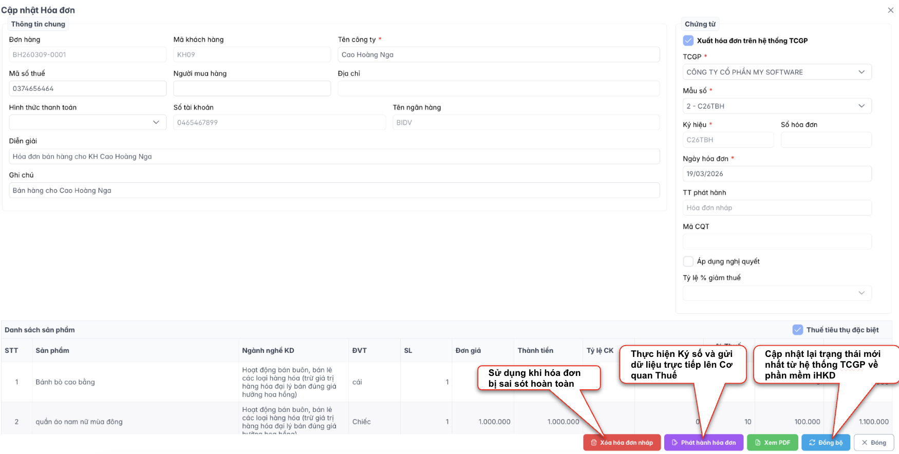 Hình 54. Màn hình thao tác cập nhật hoá đơn hàng bán