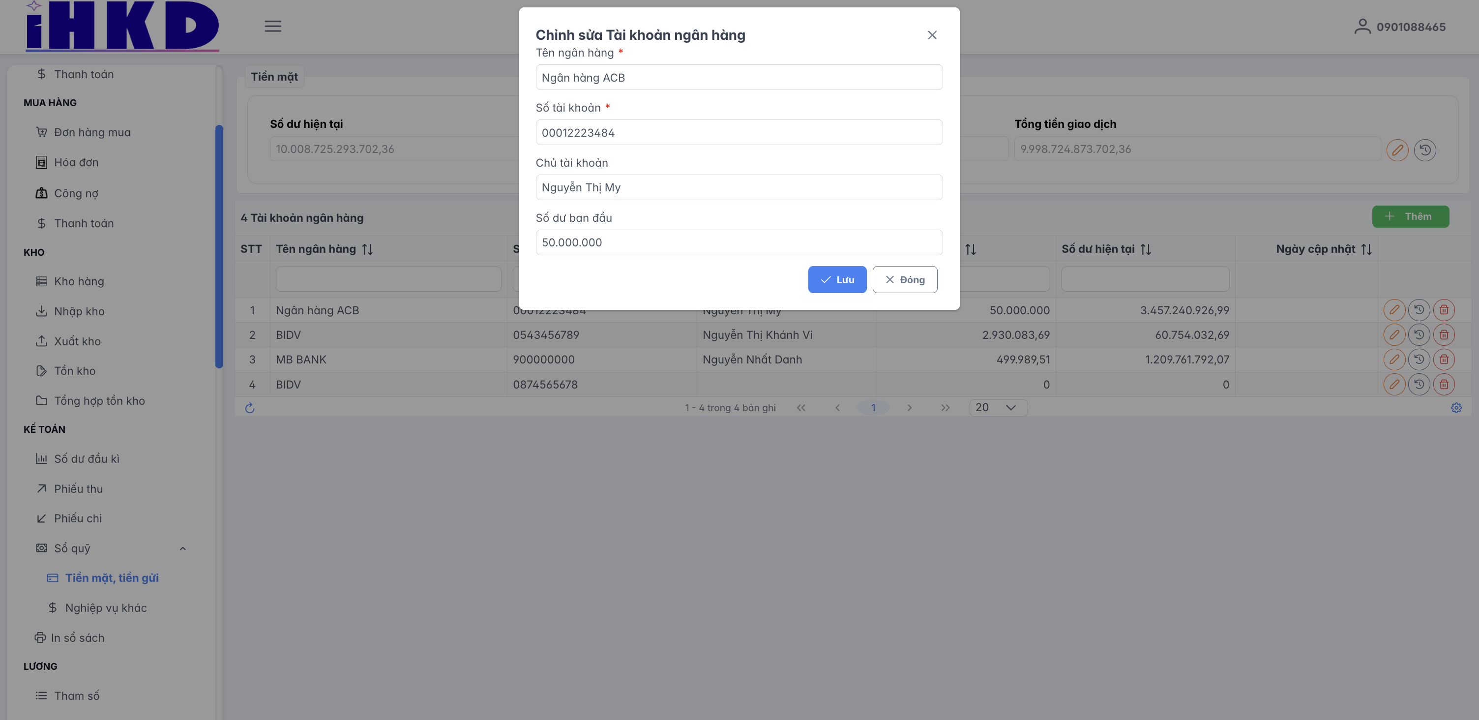 Màn hình thao tác cập nhật số dư ban đầu tài khoản/tiền mặt