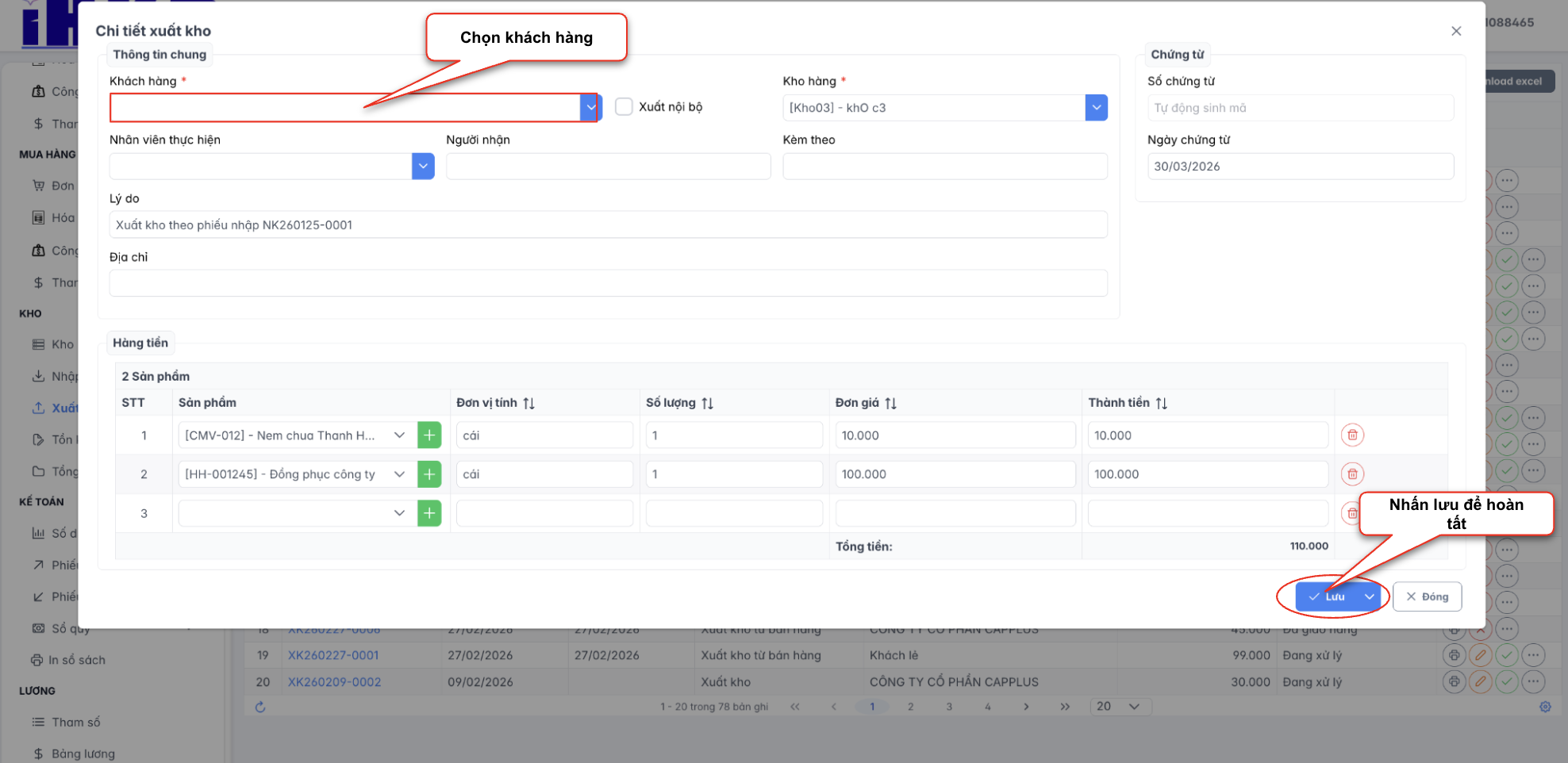 Màn hình thao tác xuất theo phiếu nhập