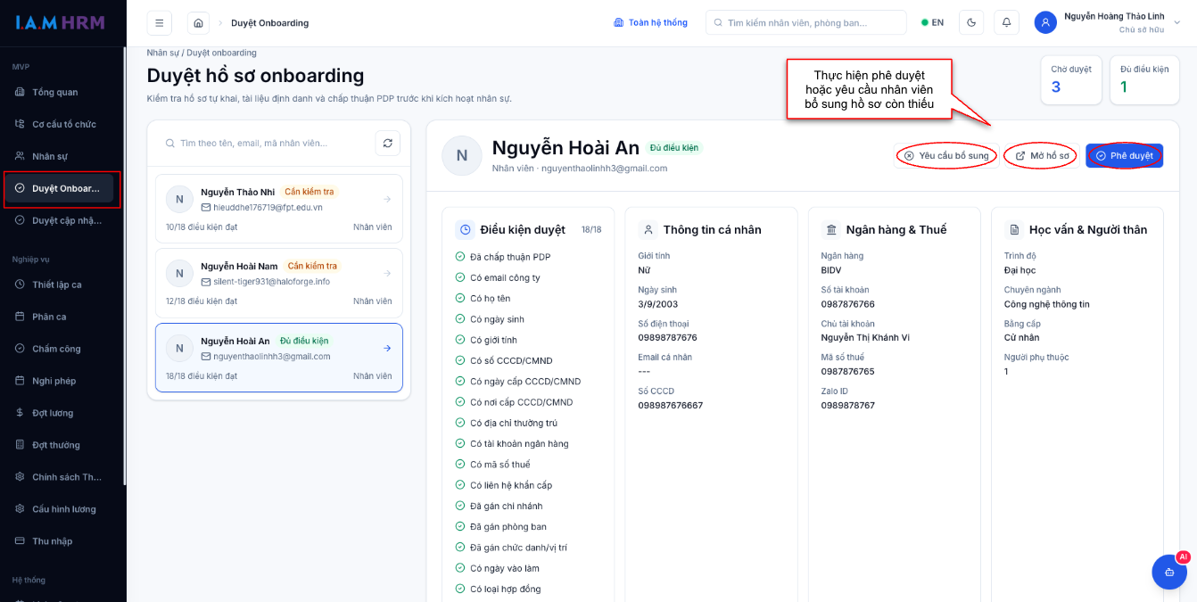 Màn hình thao tác duyệt onboarding