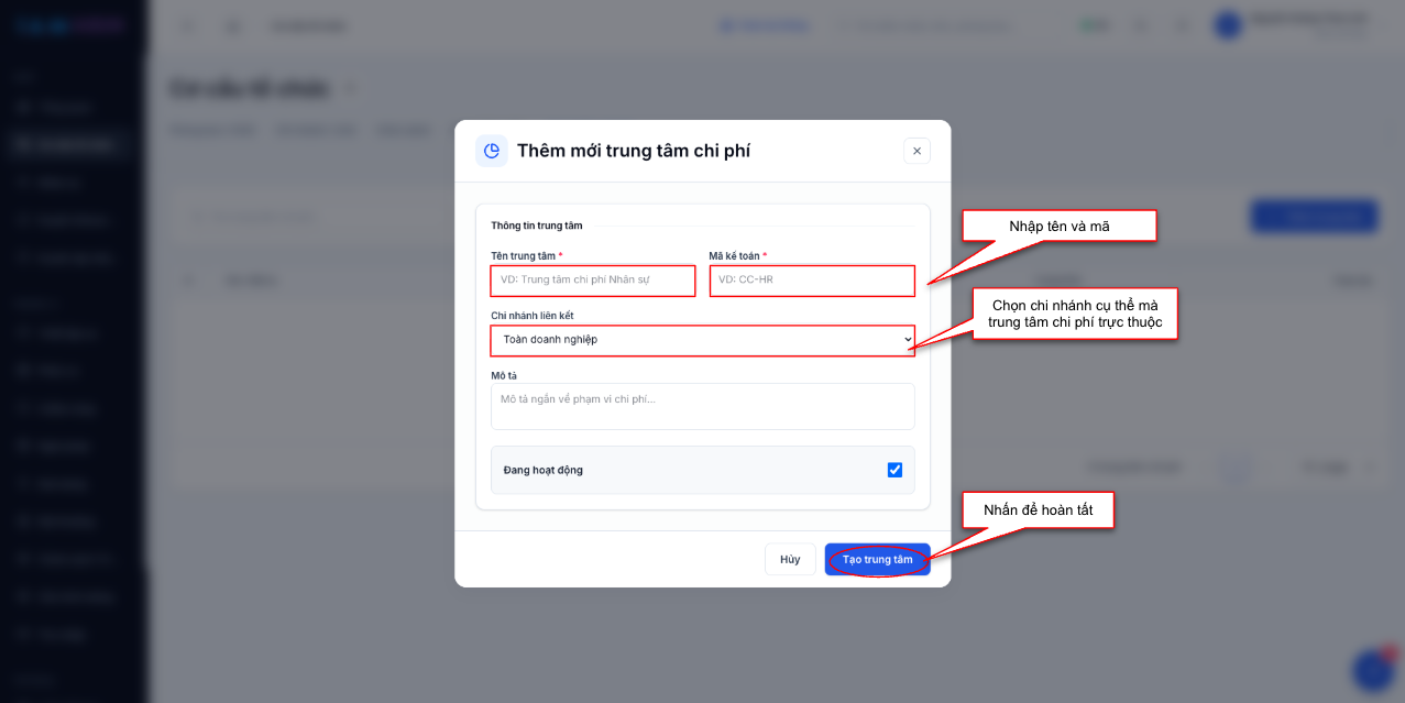 Màn hình thao tác tạo mới trung tâm chi phí