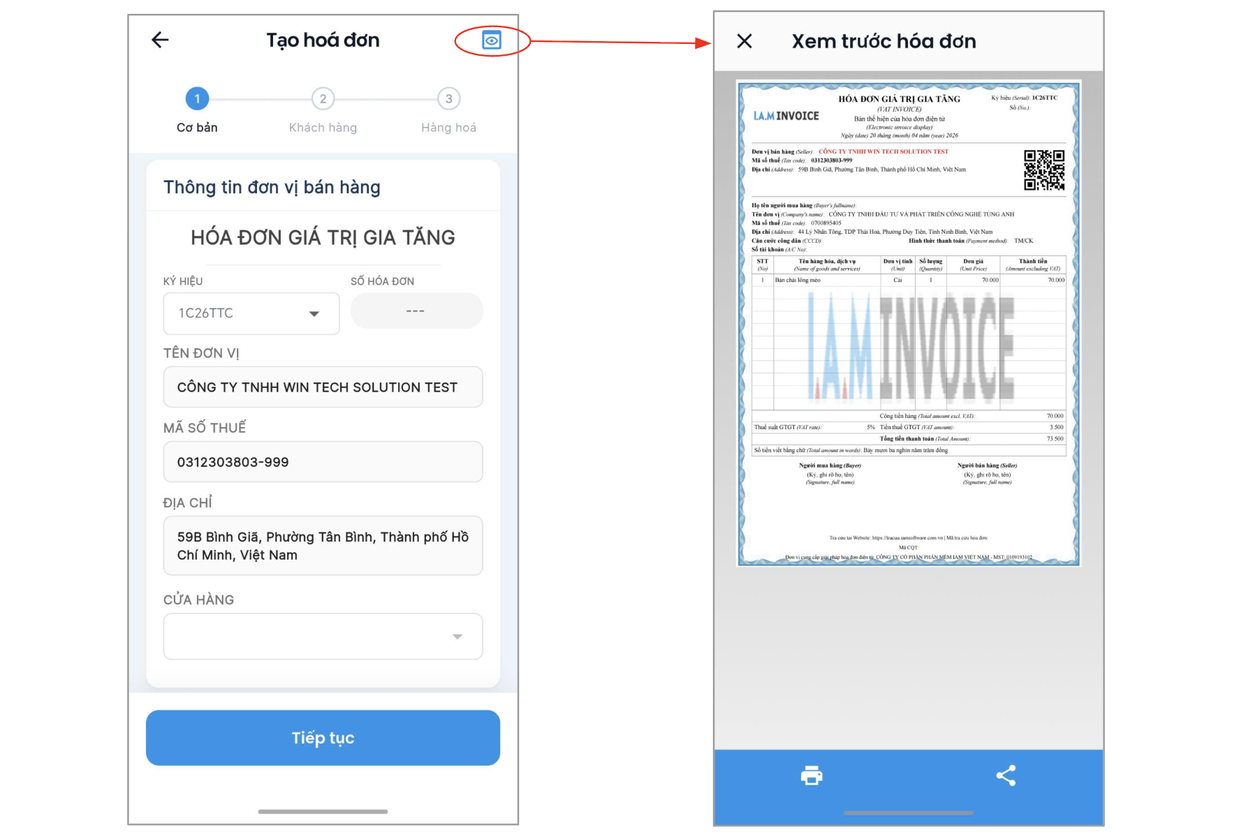 Màn hình thao tác xem trước hoá đơn