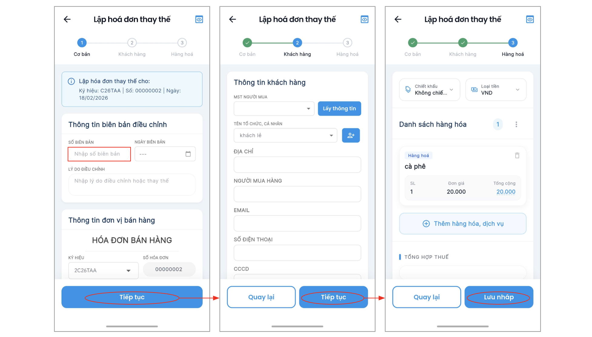Màn hình thao tác thay thế hoá đơn