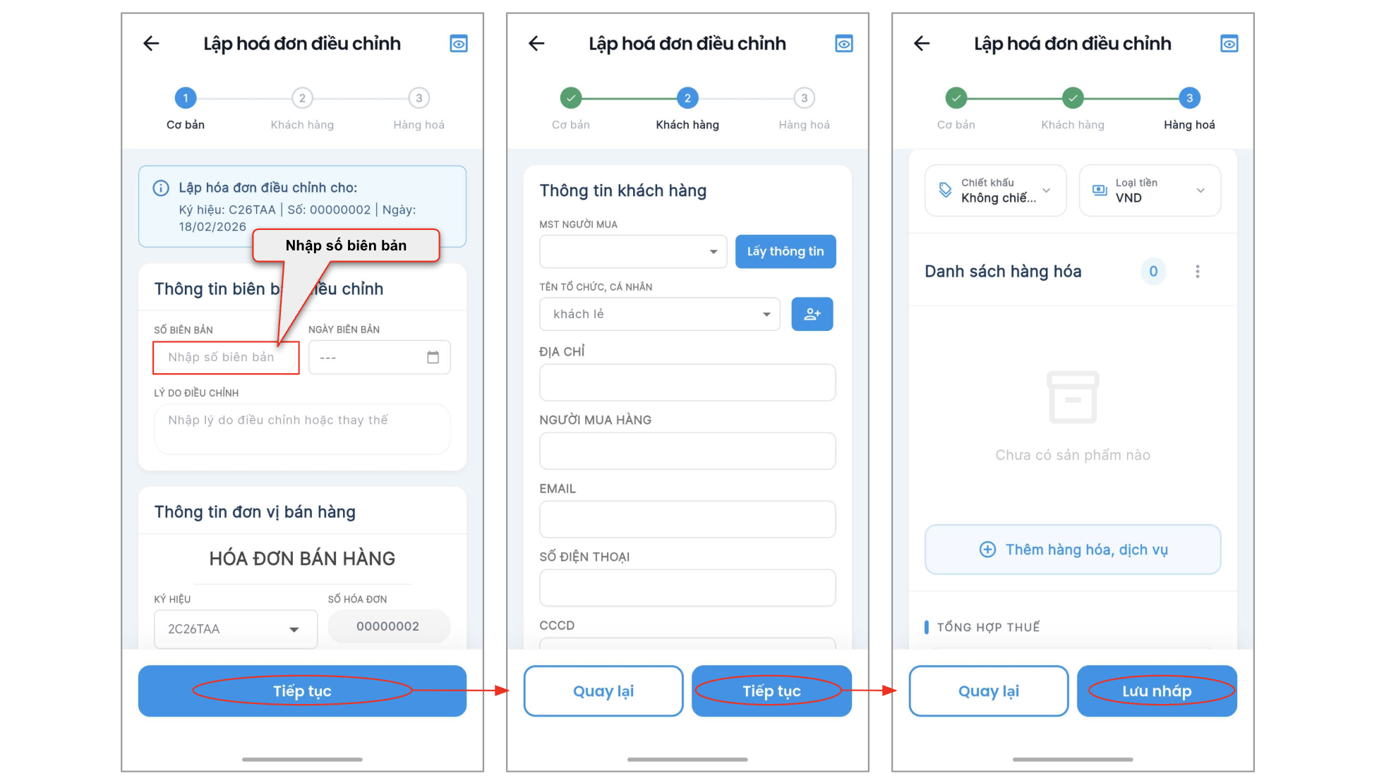 Màn hình thao tác lập hoá đơn điều chỉnh