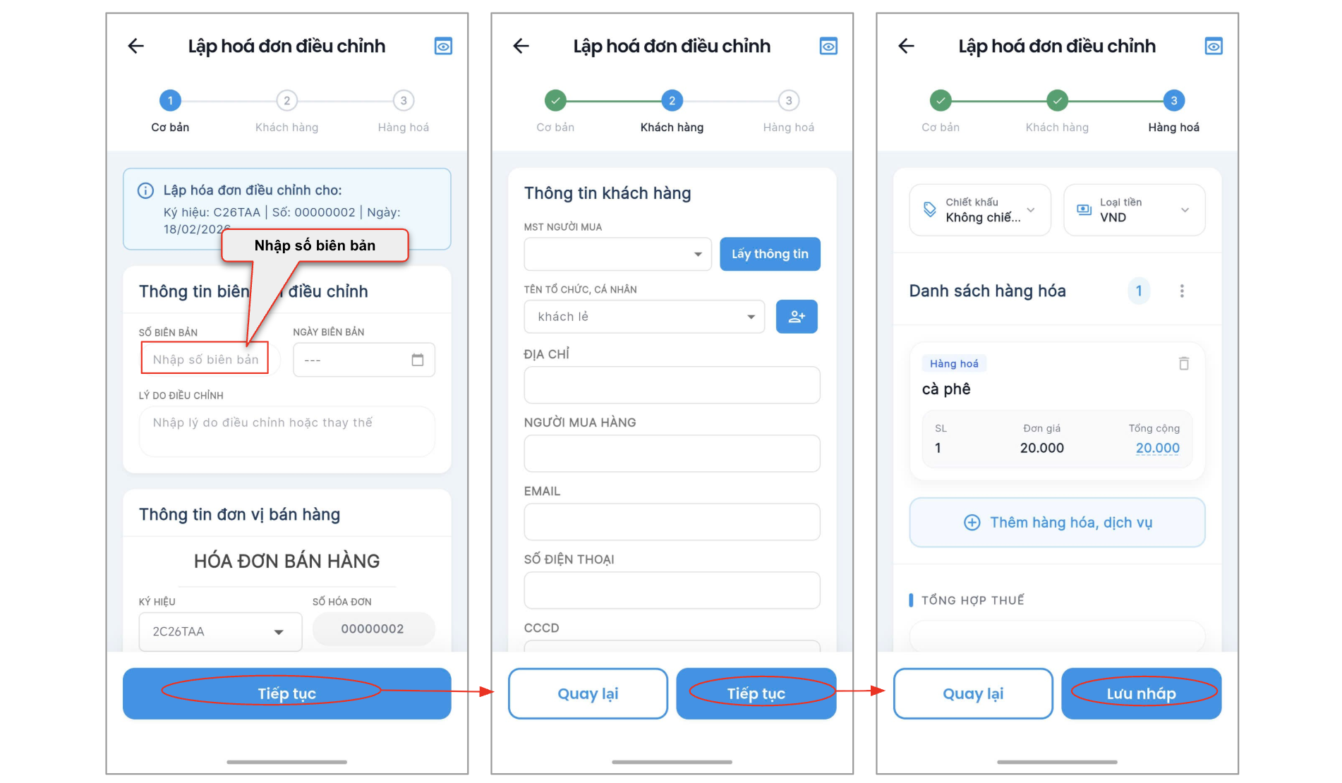 Màn hình thao tác lập hoá đơn điều chỉnh giữ hàng hoá