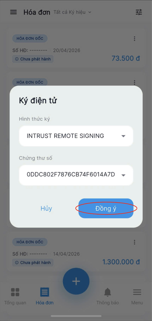 Màn hình thao tác phát hành hoá đơn
