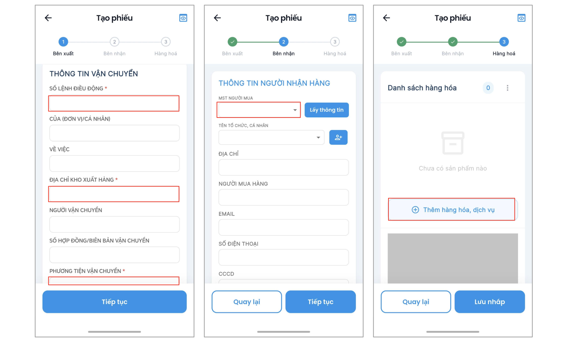 Màn hình thao tác tạo phiếu xuất kho