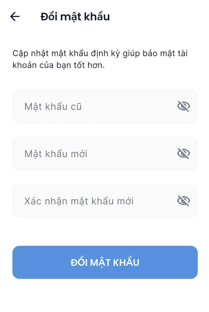 Màn hình thao tác đổi mật khẩu