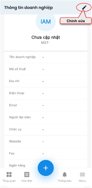 Màn hình thao tác cập nhật thông tin doanh nghiệp