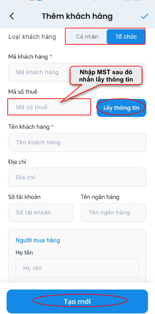 Màn hình thao tác thêm khách hàng