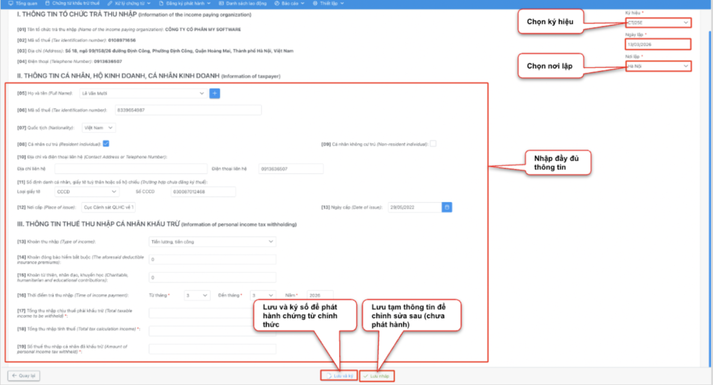 Màn hình tạo mới chứng từ khấu trừ thuế