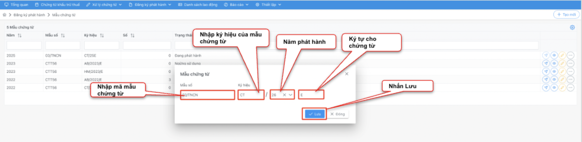 Màn hình tạo mẫu chứng từ