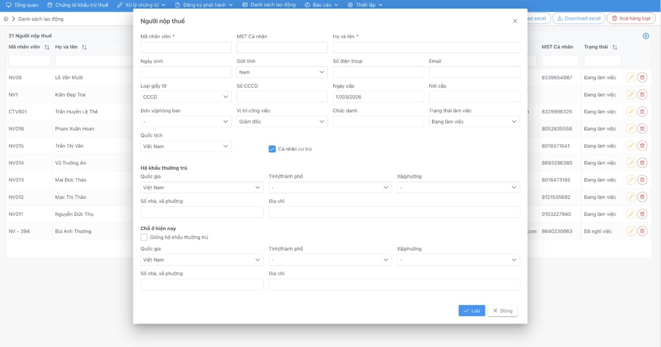 Màn hình tạo mới người lao động